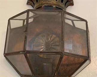 2pc Mexico Punched Copper/Brass Glass Sconces PAIR 21x12x6in HxWxD