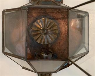 2pc Mexico Punched Copper/Brass Glass Sconces PAIR 21x12x6in HxWxD