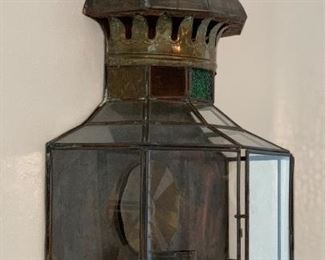 2pc Mexico Punched Copper/Brass Glass Sconces PAIR 21x12x6in HxWxD