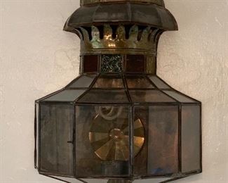 2pc Mexico Punched Copper/Brass Glass Sconces PAIR 21x12x6in HxWxD