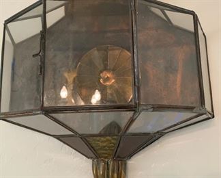 2pc Mexico Punched Copper/Brass Glass Sconces PAIR 21x12x6in HxWxD