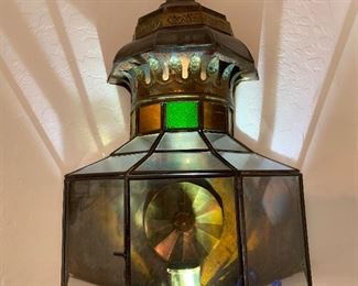 2pc Mexico Punched Copper/Brass Glass Sconces PAIR 21x12x6in HxWxD