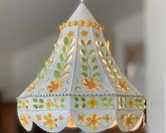 Punched Tin Vintage Mexican Hanging Lamp Folk Art 18in H x 16in Diameter