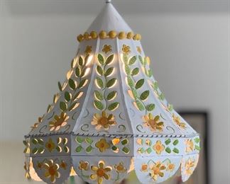 Punched Tin Vintage Mexican Hanging Lamp Folk Art 18in H x 16in Diameter