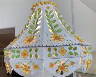Punched Tin Vintage Mexican Hanging Lamp Folk Art 18in H x 16in Diameter