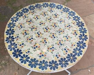 1960s MCM Wrought Iron Peacock Patio set Tile top table w/ 4 Chairs Table: 26.5in H x 35.5 diameter. Chairs:39.5x 22x20 in HxWxD