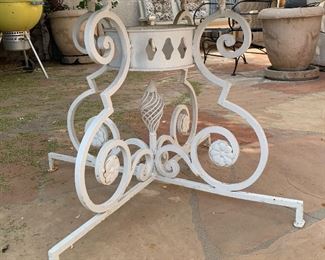 1960s MCM Wrought Iron Peacock Patio set Tile top table w/ 4 Chairs Table: 26.5in H x 35.5 diameter. Chairs:39.5x 22x20 in HxWxD