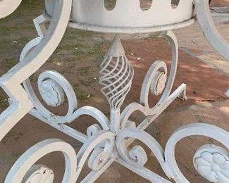 1960s MCM Wrought Iron Peacock Patio set Tile top table w/ 4 Chairs Table: 26.5in H x 35.5 diameter. Chairs:39.5x 22x20 in HxWxD