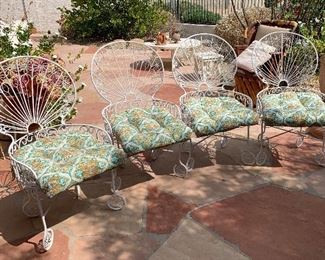 1960s MCM Wrought Iron Peacock Patio set Tile top table w/ 4 Chairs Table: 26.5in H x 35.5 diameter. Chairs:39.5x 22x20 in HxWxD