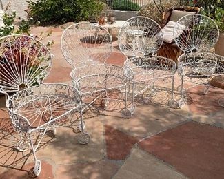 1960s MCM Wrought Iron Peacock Patio set Tile top table w/ 4 Chairs Table: 26.5in H x 35.5 diameter. Chairs:39.5x 22x20 in HxWxD