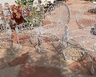 1960s MCM Wrought Iron Peacock Patio set Tile top table w/ 4 Chairs Table: 26.5in H x 35.5 diameter. Chairs:39.5x 22x20 in HxWxD