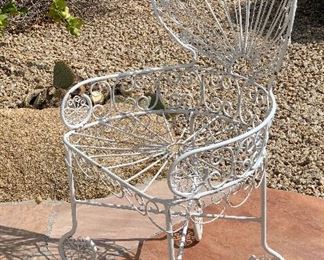 1960s MCM Wrought Iron Peacock Patio set Tile top table w/ 4 Chairs Table: 26.5in H x 35.5 diameter. Chairs:39.5x 22x20 in HxWxD