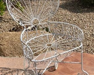 1960s MCM Wrought Iron Peacock Patio set Tile top table w/ 4 Chairs Table: 26.5in H x 35.5 diameter. Chairs:39.5x 22x20 in HxWxD