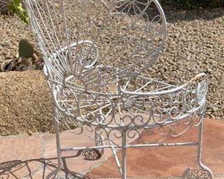 1960s MCM Wrought Iron Peacock Patio set Tile top table w/ 4 Chairs Table: 26.5in H x 35.5 diameter. Chairs:39.5x 22x20 in HxWxD