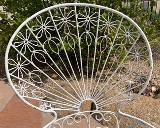 1960s MCM Wrought Iron Peacock Patio set Tile top table w/ 4 Chairs Table: 26.5in H x 35.5 diameter. Chairs:39.5x 22x20 in HxWxD