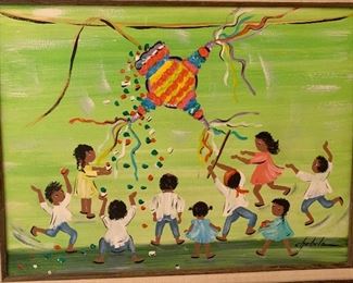 *Original* Art Chabela Elizabeth C. Haas Spilling Piñata Kids Painting 26x32x2in HxWxD