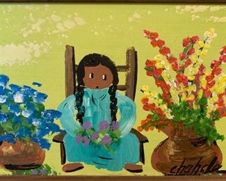 Small *Original* Art Chabela Elizabeth C. Haas Woman on Chair Flowers Painting 12x14x1.5in HxWxD