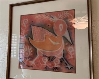 *Original* Textile Art Bird Trudi 21x21x1.5in HxWxD