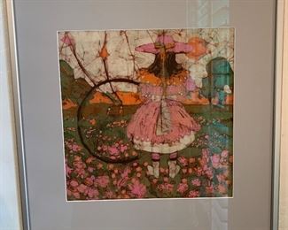 *Original* BATIK Art Girl in Garden Katalin Ehling 20.5x20.5x.5in HxWxD