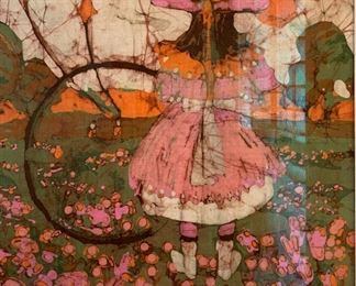 *Original* BATIK Art Girl in Garden Katalin Ehling 20.5x20.5x.5in HxWxD