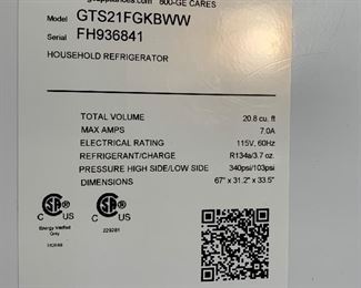 GE 20.8 Cu Ft Top Freezer Refrigerator Fridge GTS21FGKBWW 66x31x37in HxWxD