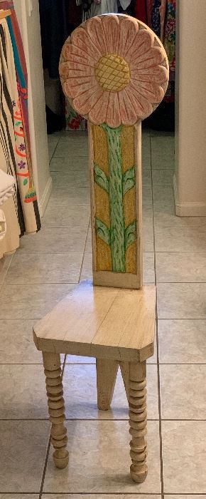 Mexican Folk Art Carved Wood Daisy Chair 48x13x16in HxWxD