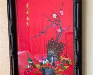 Vintage Chinese Silk Embroidery Peacock Framed	23x16x1.5in	HxWxD