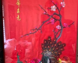 Vintage Chinese Silk Embroidery Peacock Framed	23x16x1.5in	HxWxD