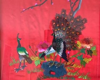 Vintage Chinese Silk Embroidery Peacock Framed	23x16x1.5in	HxWxD