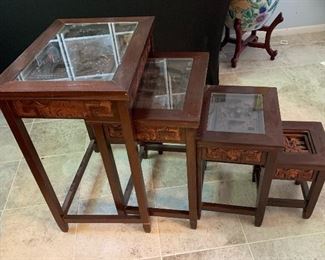 4pc Asian Carved Wood Nesting Tables	Largest: 24x19.5x14in	HxWxD