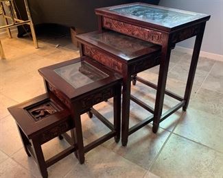 4pc Asian Carved Wood Nesting Tables	Largest: 24x19.5x14in	HxWxD