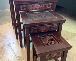 4pc Asian Carved Wood Nesting Tables	Largest: 24x19.5x14in	HxWxD