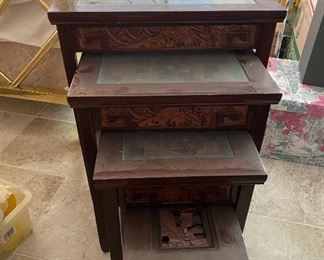 4pc Asian Carved Wood Nesting Tables	Largest: 24x19.5x14in	HxWxD