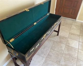 Black Lacquer Gold Design Asian Entry/ Side Table	63.5in Long 13.5in wide  27in tall	