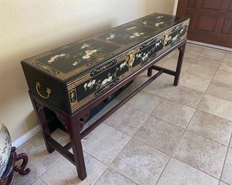 Black Lacquer Gold Design Asian Entry/ Side Table	63.5in Long 13.5in wide  27in tall	
