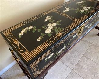 Black Lacquer Gold Design Asian Entry/ Side Table	63.5in Long 13.5in wide  27in tall	