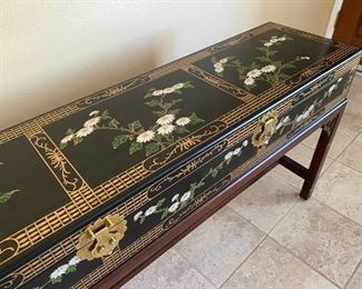 Black Lacquer Gold Design Asian Entry/ Side Table	63.5in Long 13.5in wide  27in tall	