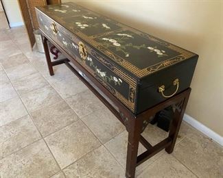 Black Lacquer Gold Design Asian Entry/ Side Table	63.5in Long 13.5in wide  27in tall	