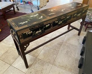 Black Lacquer Gold Design Asian Entry/ Side Table	63.5in Long 13.5in wide  27in tall	