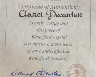 Waterford Crystal Master Cut Claret Decanter w/ Certificate	12x7x5in	HxWxD