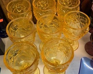 8pc Fenton Wild Rose Madonna inn Gold Amber Goblets Glasses	6.75in H	