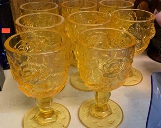 8pc Fenton Wild Rose Madonna inn Gold Amber Goblets Glasses	6.75in H	