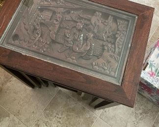 4pc Asian Carved Wood Nesting Tables	Largest: 24x19.5x14in	HxWxD