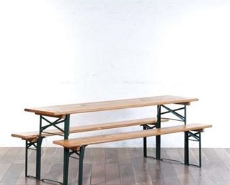 Set 3 Green Frame & Pine Picnic Table & Benches