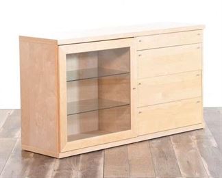 Contemporary Blonde Finish Credenza W Glass Door