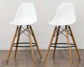 Pair Mid Century Style White Hard Shell Bar Stools