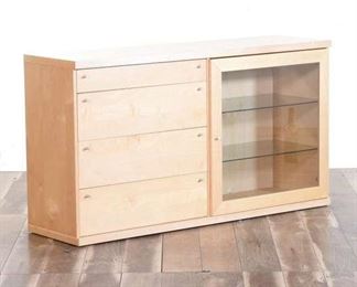 Contemporary Blonde Finish Credenza W Glass Door