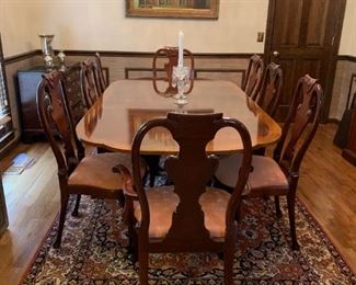 #3 Baker Double Pedistal Table w/brass claw feet on wheels w/inlay & carved legs 70-92x46x29 w/2 leaves & 8 chairs $1,500.00