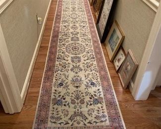 #31	Hand-Knotted Runner Rug 17' x 30  Rose/Ivory/Blue	 $800.00 
