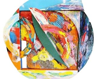 Sam Gilliam Jr, American, born in Tupelo, Mississippi, 1933.  lyrical abstractionist wall sculpture entitled "Ain't More Than Music, 1988" in worked acrylic/polypropylene on canvas and multi-section aluminum panels on a wooden substrate.  Signed and dated verso with Klein Gallery, Chicago label.  Some minor losses to paint.  60 x 62" high x 15" deep.  ESTIMATE $20,000-30,000    Ex collection: Patsy Price-Bohlen, Walled Lake, Michigan purchased from Klein Gallery.Sam Gilliam Wall Sculpture